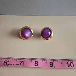 Vintage 1980s Purple Clip On Earrings Gold Tone Cabochon Statement Earrings